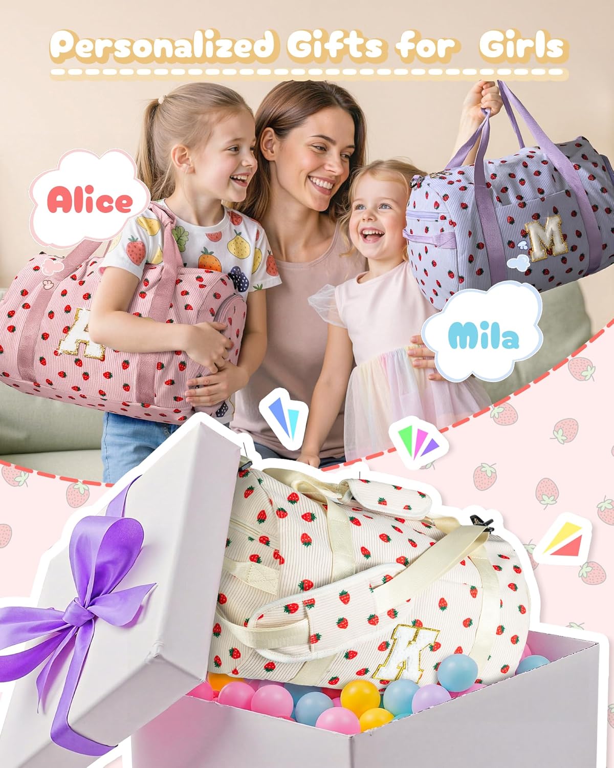 Skiennix Personalized Girls Gym Bag - Stylish Weekend Duffel with Shoe Compartment & Makeup Bag | Perfect Gift for Ages 4-10 (Letter S)