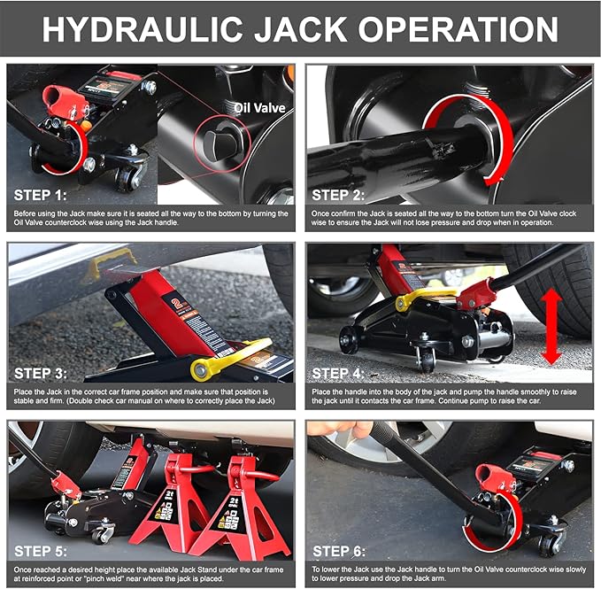 DNA Motoring 2 Ton Car Jack and Stands Kit 2T(4000 lbs) Capacity Low Profile Hydraulic Trolley Service/Floor Jack with 2 Ratchet Stands Combo for Home Garage Shop, Red/Black, TOOLS-00280