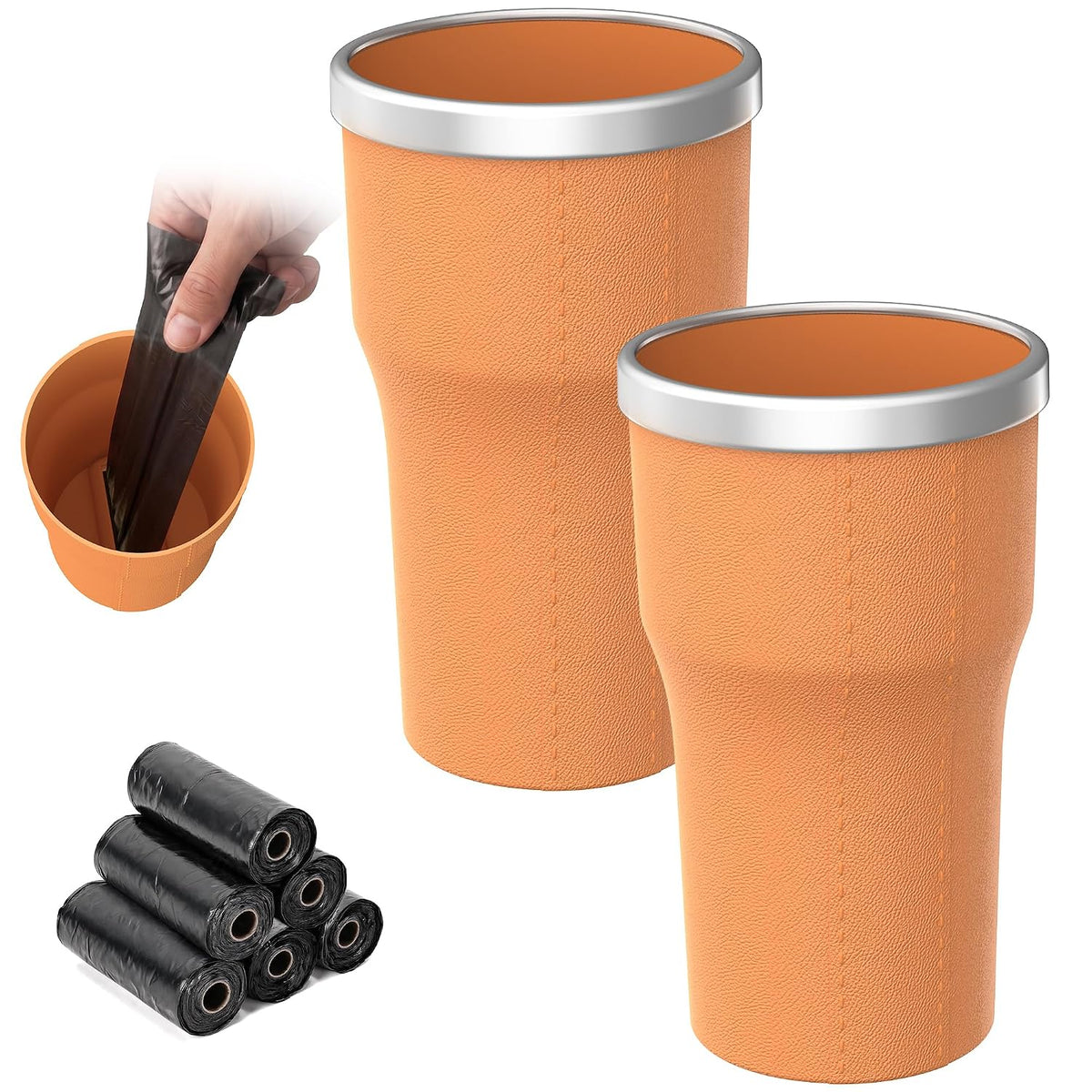 Car Trash Can Cup Holder Mini 2 Pack with 90 Trash Bags for Vehicle