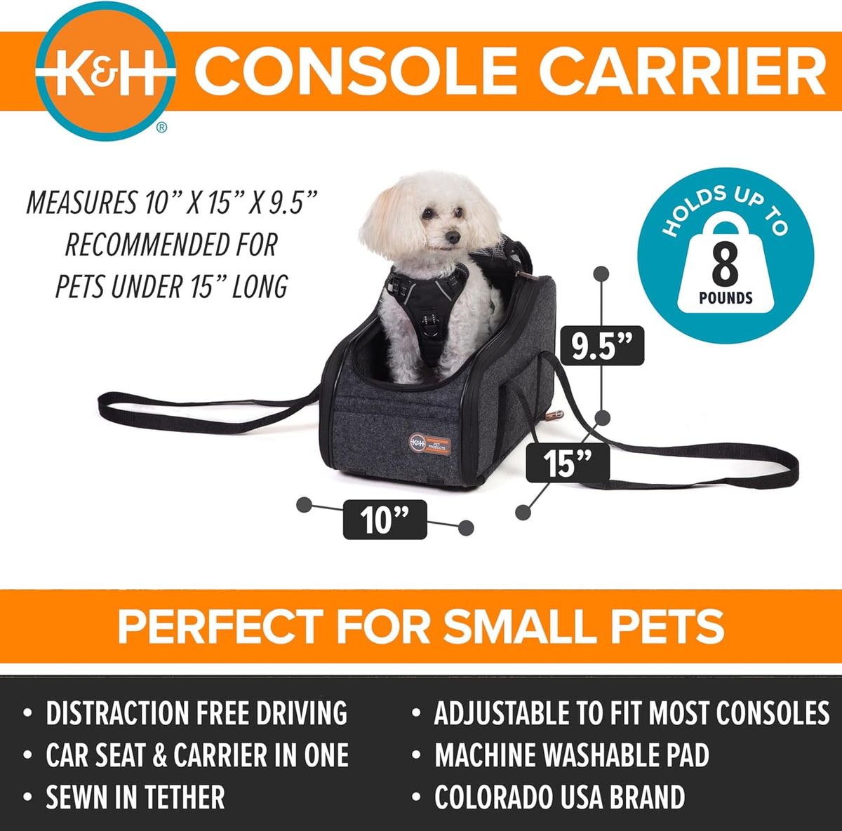 K&H Pet Products Center Console Dog Car Seat for Small Dogs & Cats, Secure Armrest Booster Pet Carrier with Safety Tether, Zippered Enclosure, 2 Pockets, Washable Plush Pad, for Pets Under 8 lbs