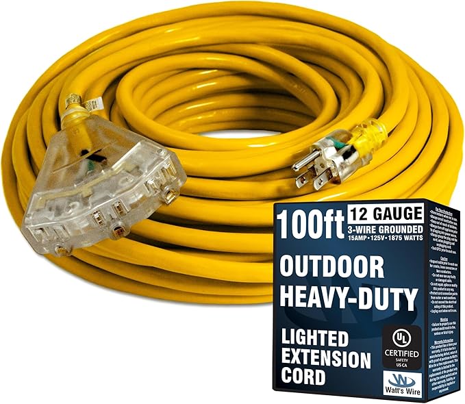 100 ft Outdoor Extension Cord Waterproof - 12 Gauge Heavy Duty Extension Cord 100 ft - Lighted Outdoor Extension Cords with Multiple Outlets - Watts Wire - 100' Grounded - extensiones electricas