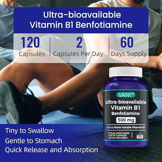 VANI Vitamin B1 with 500mg Benfotiamine, 2 in 1 Enhanced Formula -Fat & Water Soluble Thiamine B1 Supplement | 120 Capsules | Gluten Free