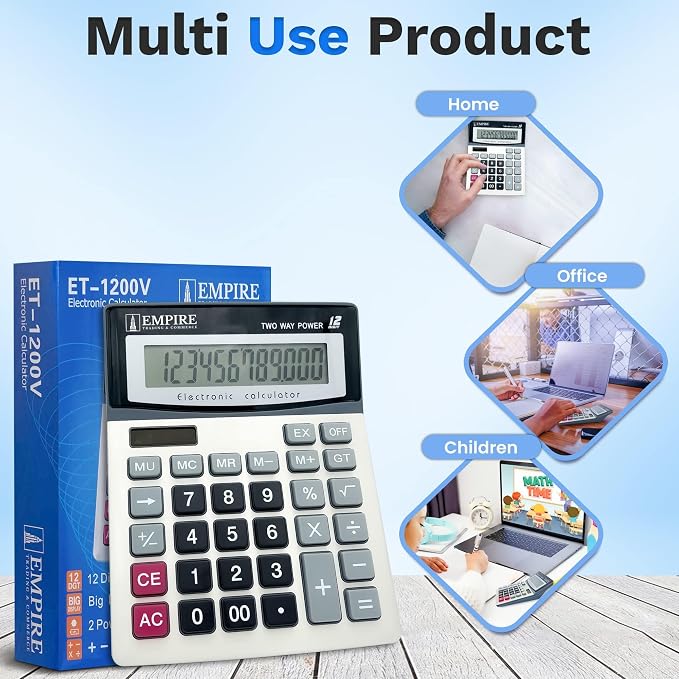 Empire Desk Calculator with Large Key Buttons, 12-Digit Large Eye-Angled Display