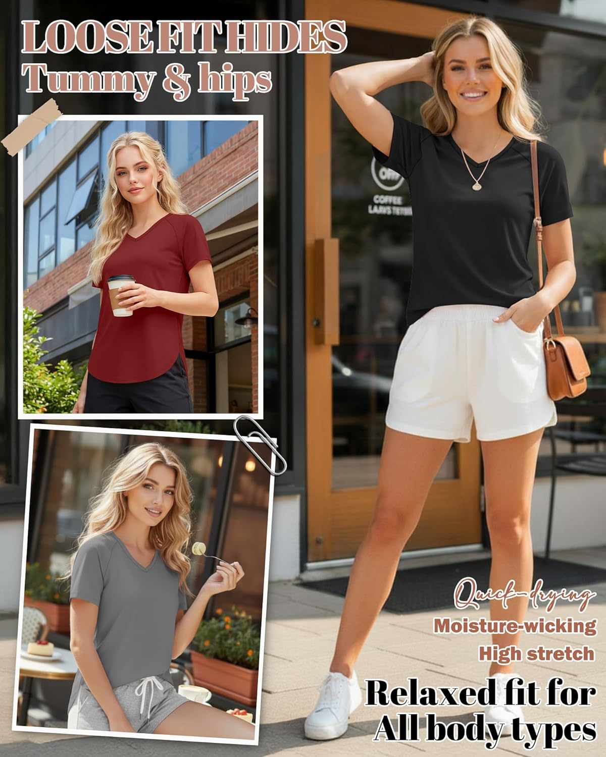 Skiennix Women’s Quick Dry Workout T-Shirts - UPF 50+ Sun Protection | V-Neck, Side Slits, Curved Hem (5 Pack)