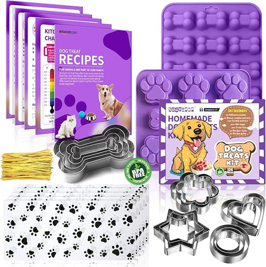 123 Pcs Homemade Dog Treat Molds & Cutters, Including 2 Silicone Dog Molds, 5+12 Cookie Cutters, 4 Recipe Cards, 50 Treat Bags & 50 Gold Twist Ties