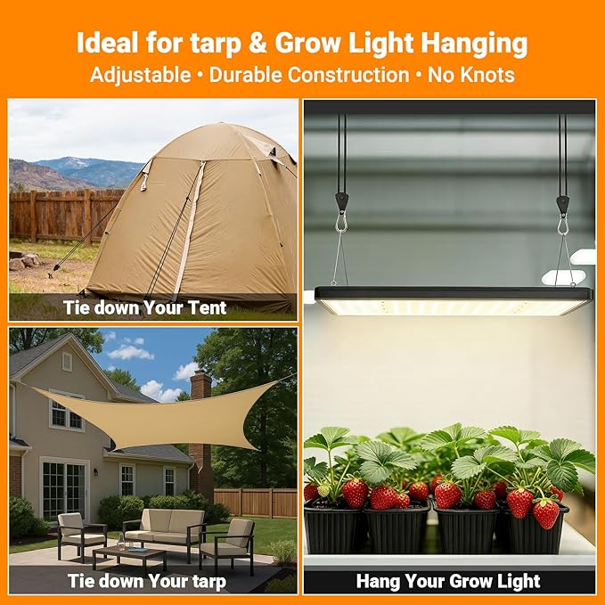Longer 15ft Paracord Rope Tie Down Ratchet Strap Small Reflective Portable Adjustable Fix Camping Rope Tent Tarp Tie Downs Grow Plant Light Hangers Pulley Tightener Tensioner Adjuster 1/8in 4Pack
