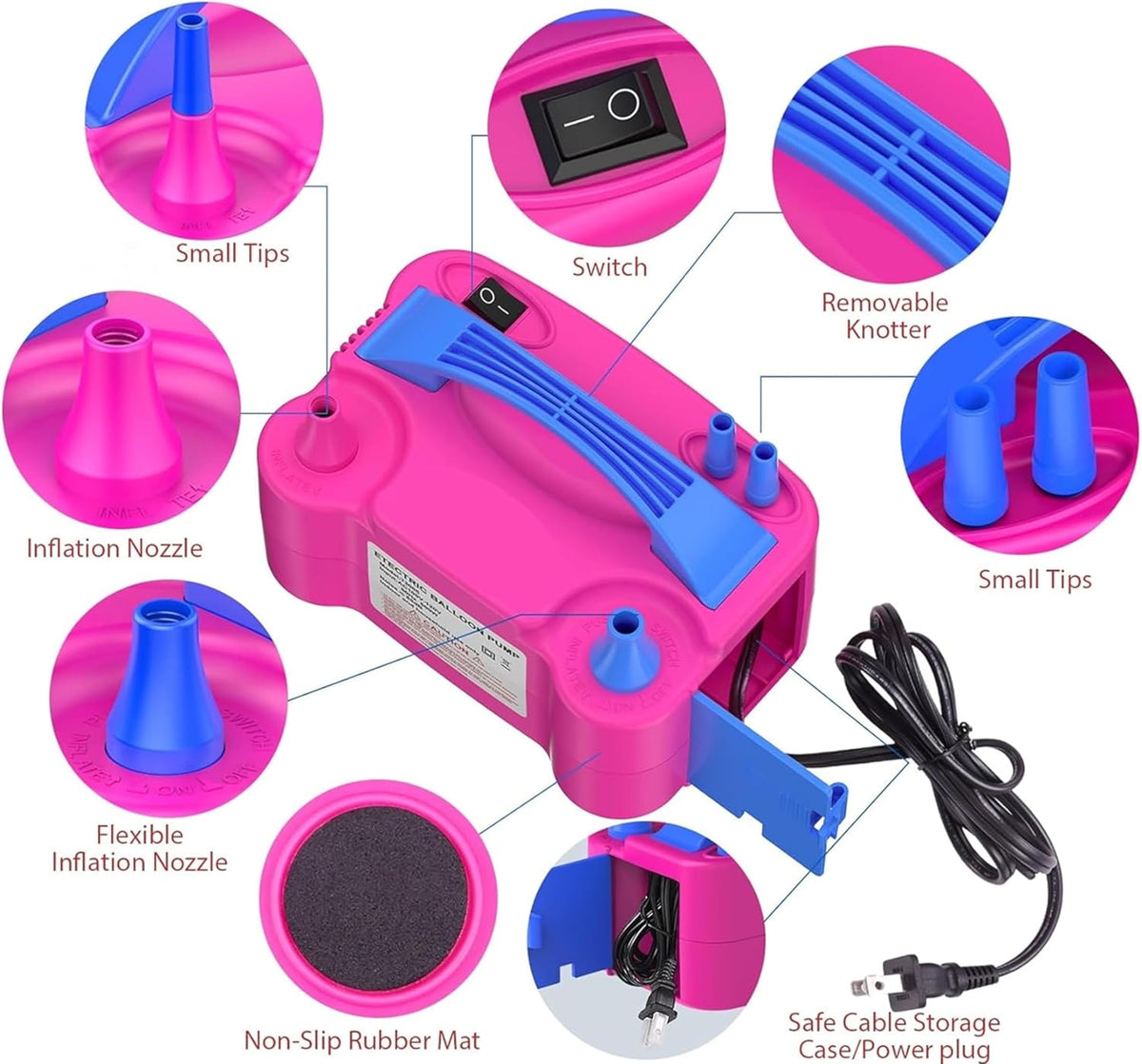 Skiennix Electric Balloon Pump - Portable Dual Nozzle Air Blower for Party Decorations | 110V 600W, Rose Red