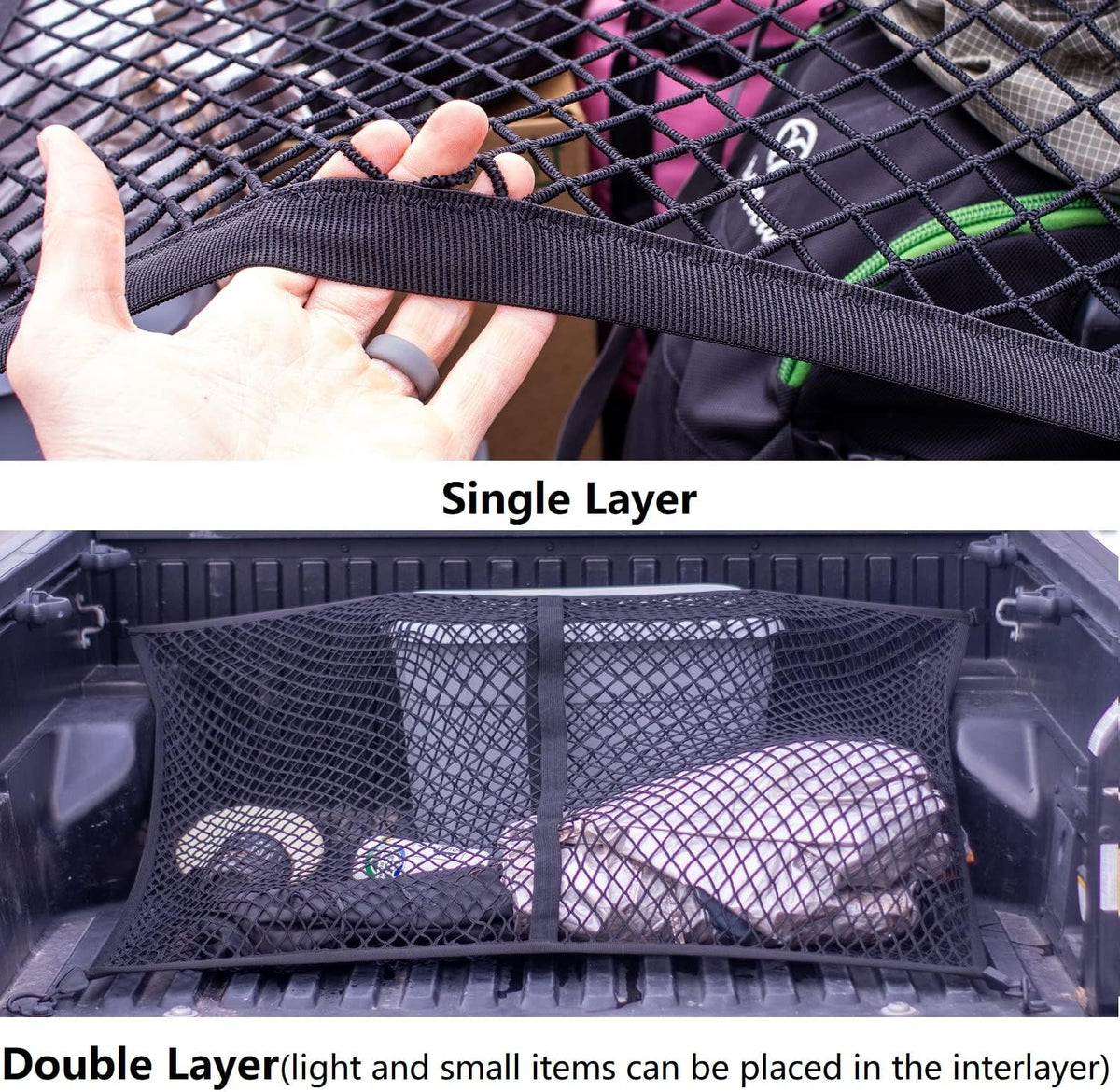 Highly Elastic Cargo Net, Simple Truck Bed Cargo Mesh Organizer, Suitable for 5ft - 6ft Standard Bed Trucks, 4'x4' Stretches to 7'x7' (Single Layer)