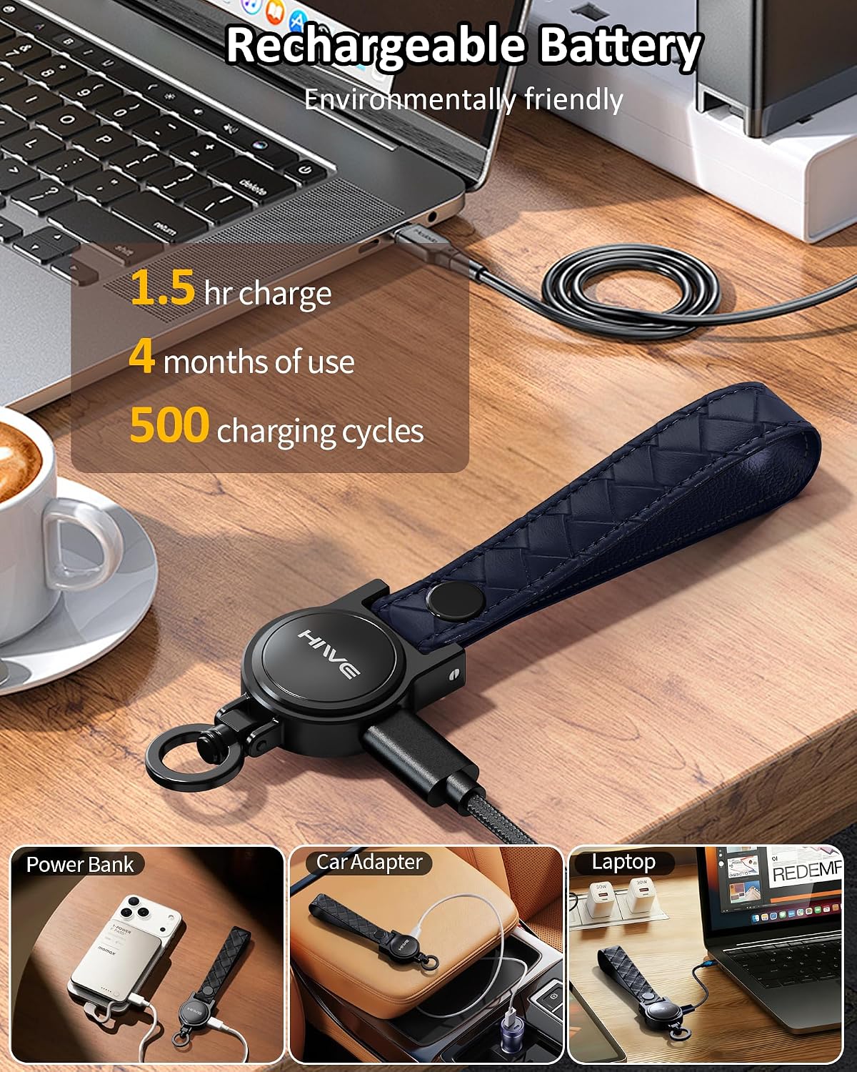HiWe Anti-Lost Keychain, Works with Apple Find My, Carabiner Car Key Holder with Texture Leather Strap, Bluetooth Key Finder Tracker, USB-C Rechargeable, Navy Blue