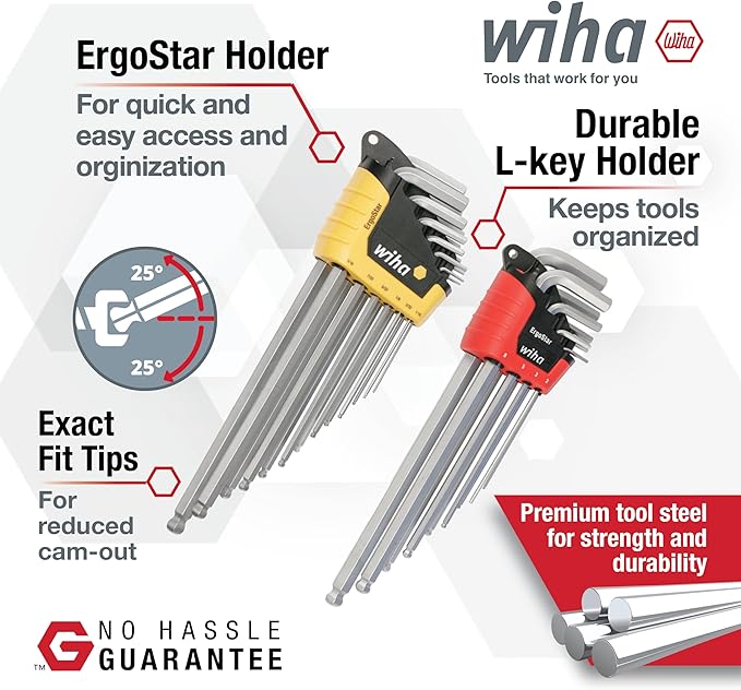 Wiha 66982 ErgoStar Ball End Hex L-Key Set, 22 Piece, Inch & Metric, Chrome Finish, Durable Holder