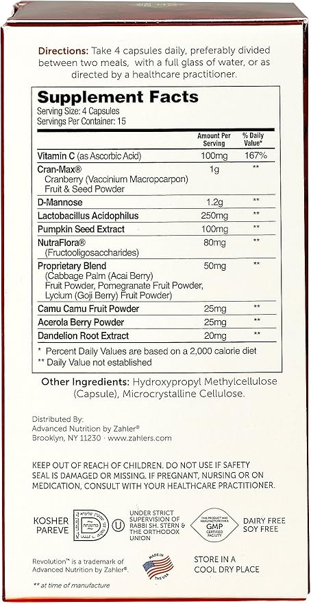 Zahler UTI Revolution, Urinary Tract and Bladder Health, All Natural Cranberry Concentrate Pills Fortified with D-Mannose and Probiotics, Certified Kosher, 60 Caps