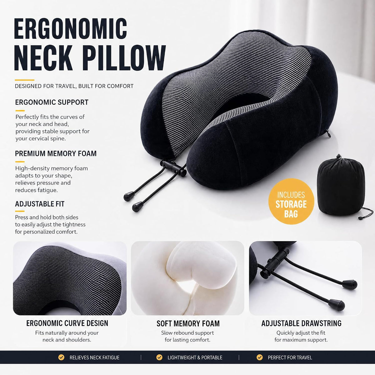 Travel Neck Pillow, Soft Memory Foam Neck Support Pillow for Airplane Car Train Office, Ergonomic Cervical Pillow with Washable Cover, Portable Travel Pillow for Neck Pain Relief Red