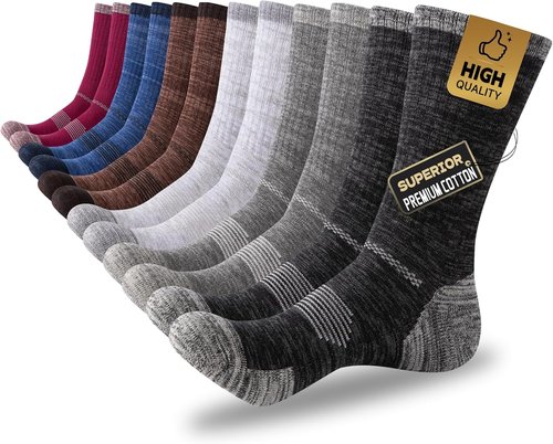 COOVAN Men's Cotton Crew Work Socks - 6 Pairs Moisture-Wicking Cushioned Athletic Socks for Hiking & Running