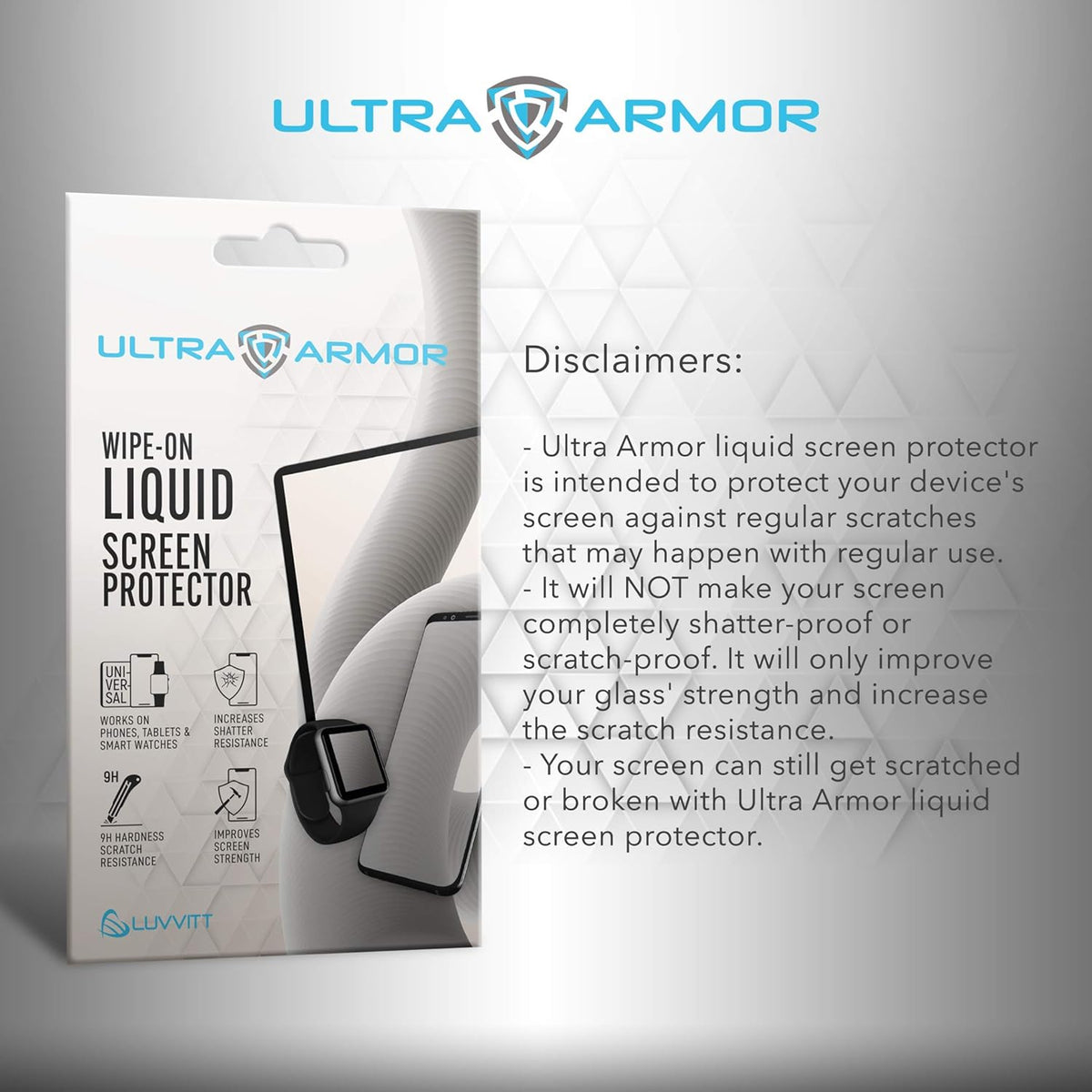 ULTRA ARMOR Liquid Glass Screen Protector for All Smartphones Tablets and Watches Wipe On Nano Protection - Universal
