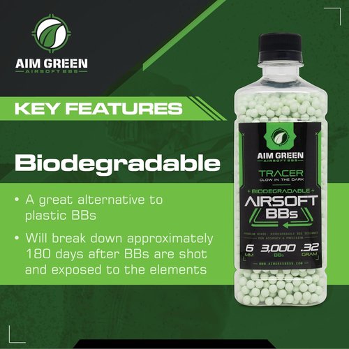 Aim Green Tracer Biodegradable Airsoft BBs - Glow-in-The-Dark | 3,000 Count | .20, .25, .32 Grams