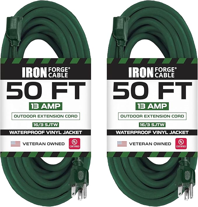 Iron Forge Cable 2 Pack Weatherproof 50 Ft Outdoor Extension Cord - 16/3 SJTW Heavy Duty Green Extension Cord 3 Prong - 13 Amp Exterior Power Cable