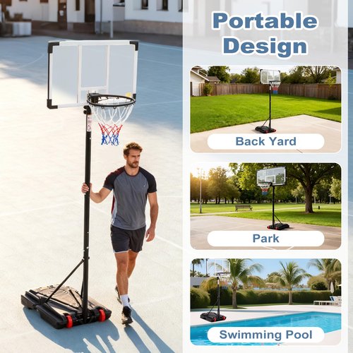 DUMOS 5.08-8.53FT Portable Basketball Hoop Outdoor for Kids, Adjustable Height 44 Inch Shatterproof Backboard w/Shock Absorbent Rim, Fillable Base, 2 Wheels for Swimming Pool/Indoor, White