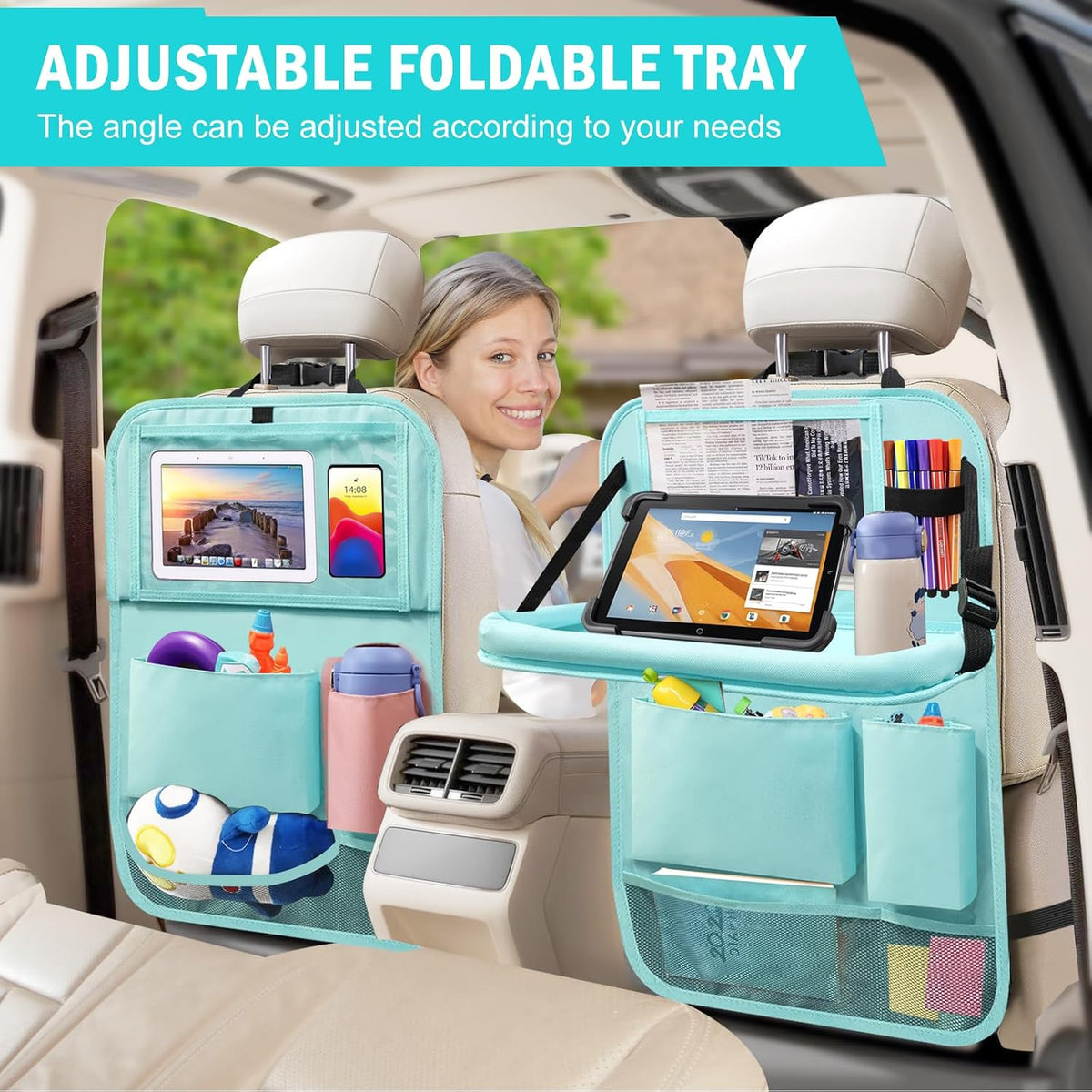 2Pack Car Backseat Organizer with Foldable Table Tray,6 Storage Pockets Car Storage Organizer with Tablet Holder,Car Seat Back Protectors Kick Mats Travel Accessories Blue