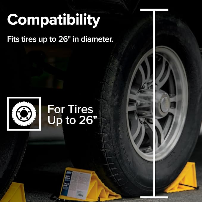 Camco Camper & RV Wheel Chock with Rope - Keeps Trailer in-Place to Safely Unhitch or Park - Compatible with Wheels Up to 26” in Diameter & Molded of Heavy-Duty Hard Plastic - 2-Pack - 44471