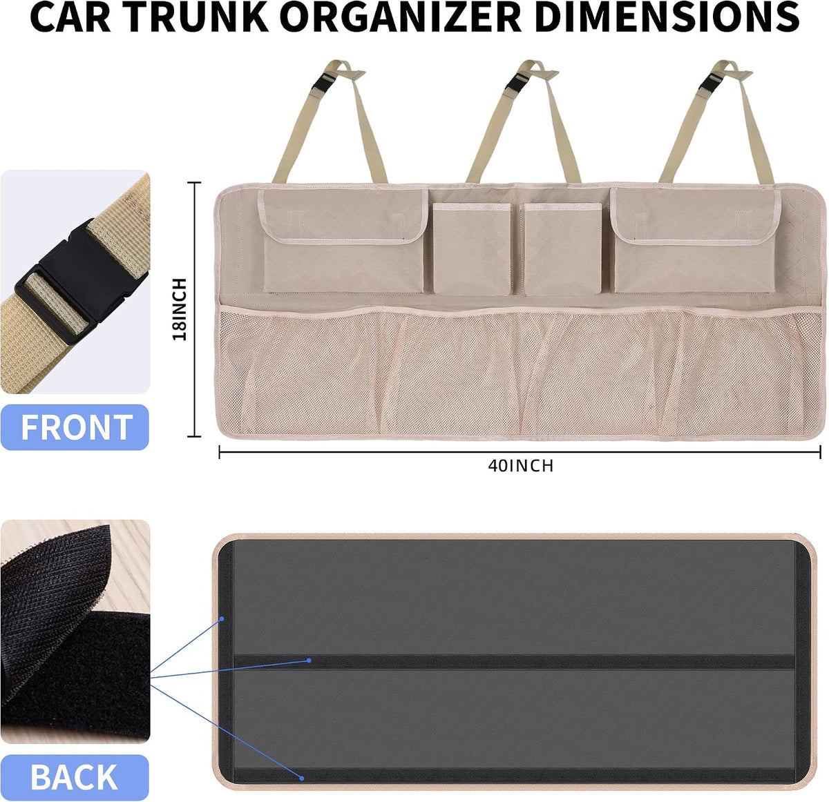 Car Trunk Organizer and Storage, Large Capacity Backseat Hanging Storage Accessories, Backseat Car Organizer for SUV/MPV/Truck (Khaki)