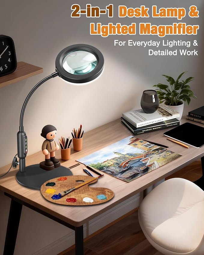 30X 10X Magnifying Glass with Light and Stand, 5 Color Modes Stepless Dimmable