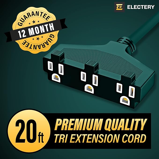Extension Cord Outdoor Multiple Plugs - 20 Ft Green Extension Outdoor Power Strip, 16/3 SJTW Waterproof Power Cable Indoor/Outdoor Multi Plug Outlet, ETL Listed