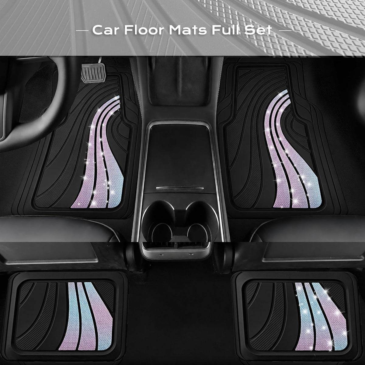 Road Comforts Car Floor Mats Full Set – Front & Rear Car Floor Mats with Aluminum Design, Anti-Slip Backing, All-Weather Protection, Trim-to-Fit Car Mats for Most Sedans, SUVs & Vans - Glitter