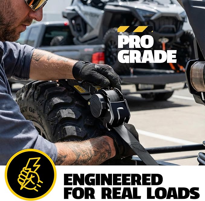 AUGO Retractable Ratchet Straps | 2 Heavy Duty Ratchet Straps Self Retractable Tie Downs with Soft Loops & Storage Bag for Motorcycle, Truck, Trailer, Cargo Van | 3000 Lb Break Strength 2” x 10’