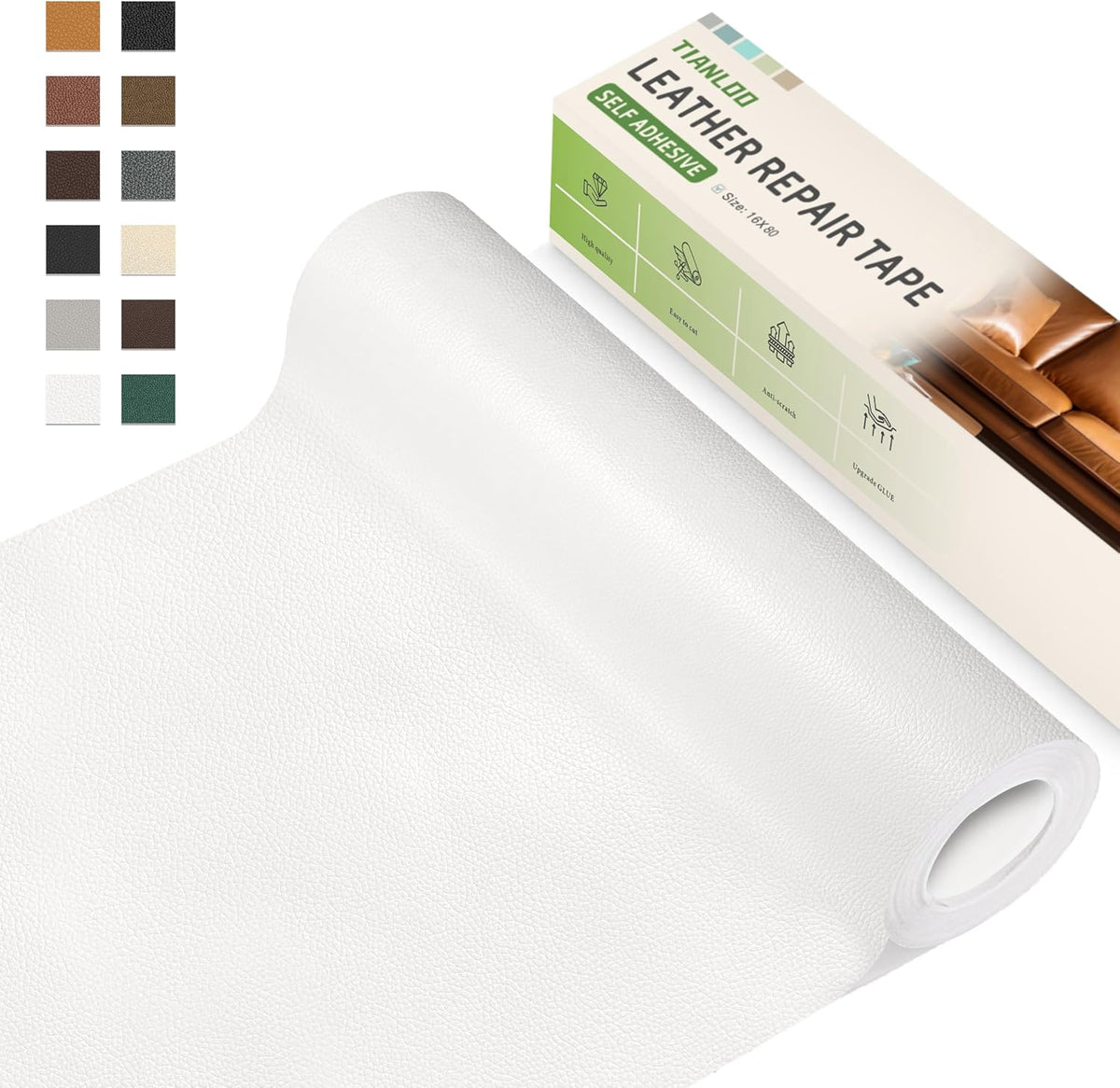 TIANLDD Leather Repair Tape,16 x 80 Inches Self Adhesive Leather Repair Patch，Leather Repair Kit for Furniture，Couches,Car Seats,Cabinets,Handbags(White-Litchi Grain)