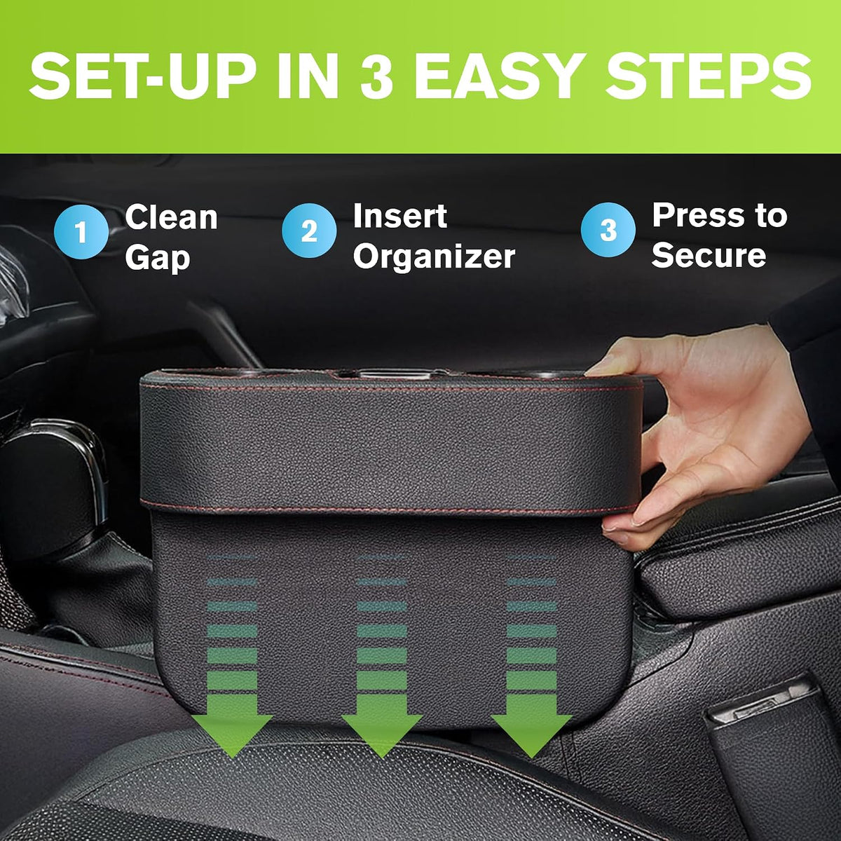 IOKONE Car Cup Holder, PU Leather, Car Seat Gap Filler Organizer, Black