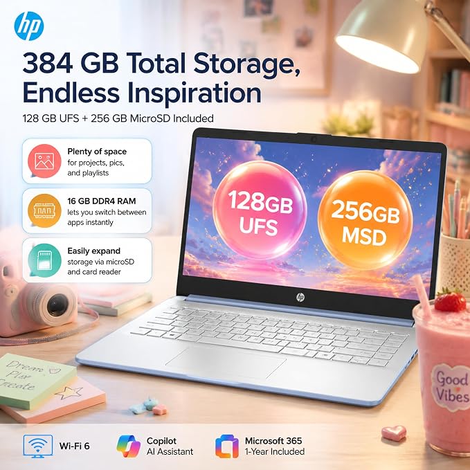 HP 14 Laptop for Students and Home Use, Intel Processor N150, 16GB RAM | 128GB UFS+256GB MSD, 14" HD Display, Wi-Fi 6, 1-Year Microsoft 365, Copilot AI Key, Lightweight, Sky Blue, W/Mouse