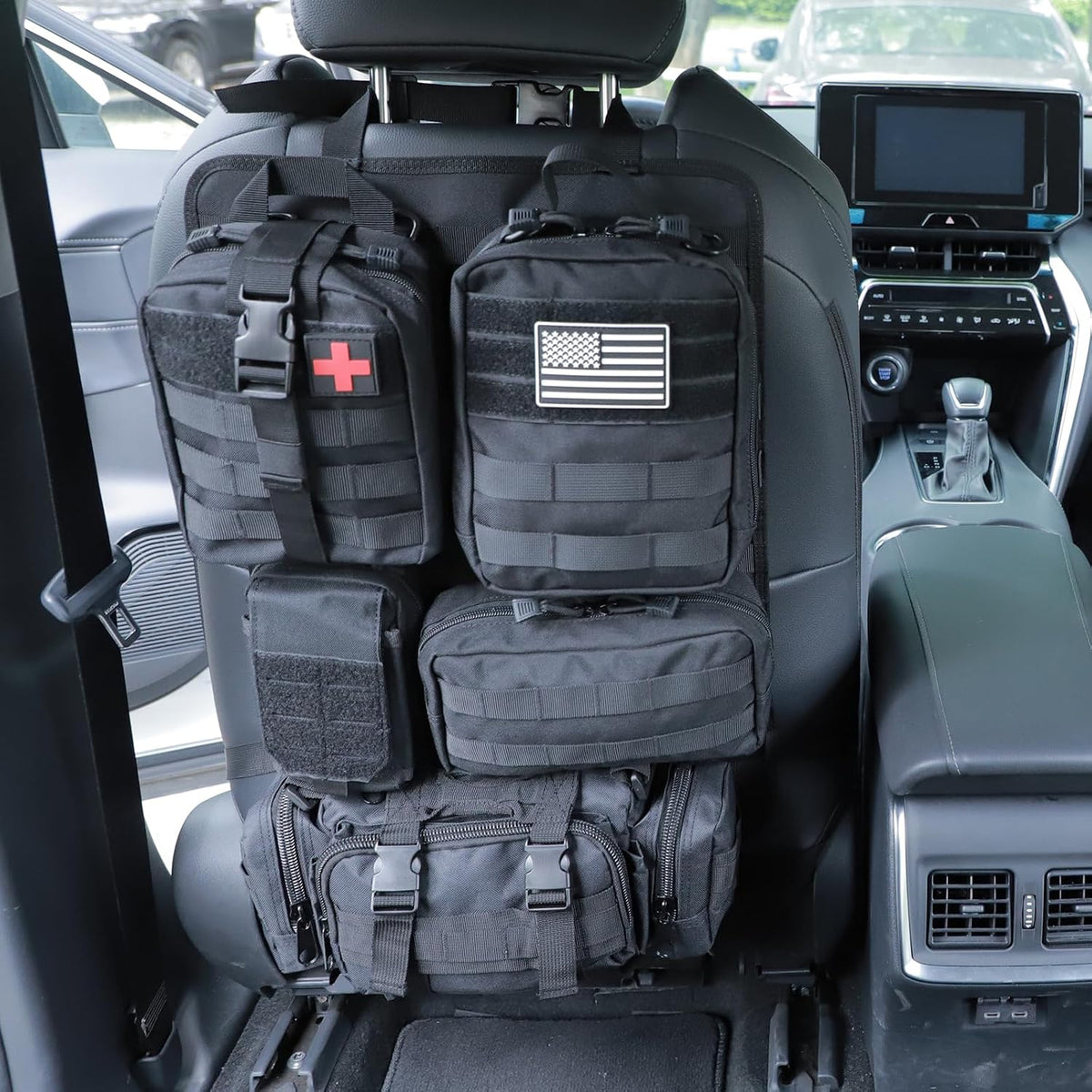 Jimikay Tactical Car Seat Back Organizer Hanger Bag with 5 Detachable Molle Pouch Vehicle Molle Panel Organizer Storage Bag Universal for for most car models (Black)