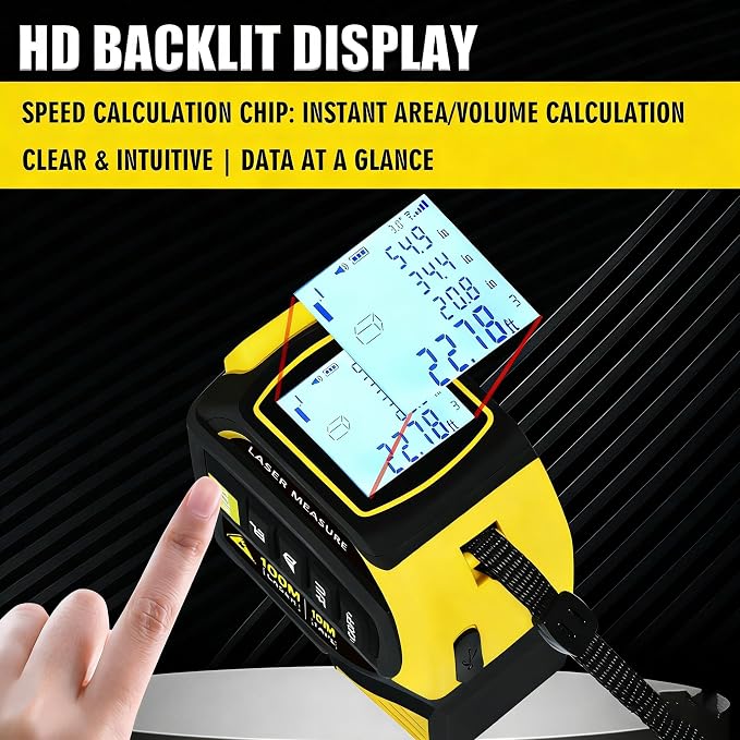 4-in-1 Laser Tape Measure 328FT, Digital Laser Distance Meter, 16FT Steel Tape