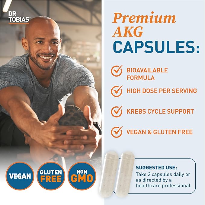 Dr. Tobias AKG Supplement & Vitamin D3 - Optimize Cellular Energy & Bone Health with High-Potency Vitamin D & Bioavailable AKG, Non-GMO