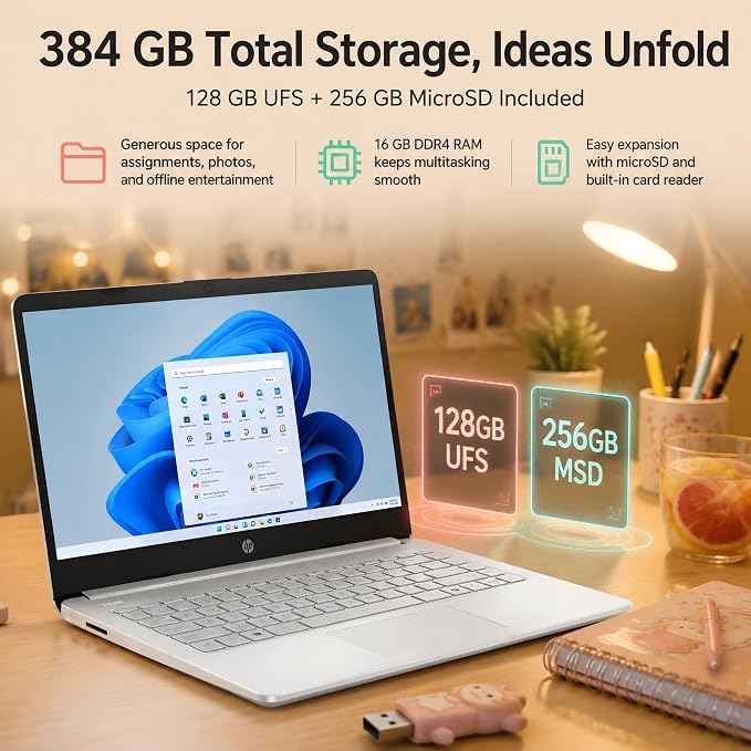 HP 14 Laptop for Students and Home Use, Intel Processor N150, 16GB RAM | 128GB UFS+256GB MSD, 14" HD Display, Wi-Fi 6, 1-Year Microsoft 365, Copilot AI Key, Lightweight, Natural Silver, W/Mouse