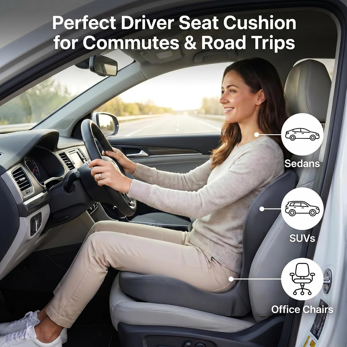 Driver Seat Cushion for Car, Ergonomic Memory Foam Car Seat Pad with Taller Lumbar Support, Back & Sciatica Pain Relief Car Cushion for Long Driving, Tailbone & Coccyx Support