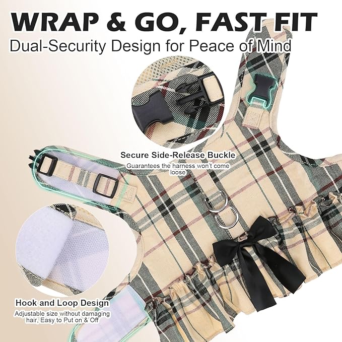 EXPAWLORER Dog Harness Small Medium Sized Dogs, Plaid Dog Dress Bowknot Harness and Leash Set, No Choke No Pull Soft Mesh Vest Cute Princess Puppy Outfits Clothes Costume for Girls Party Cats Beige M