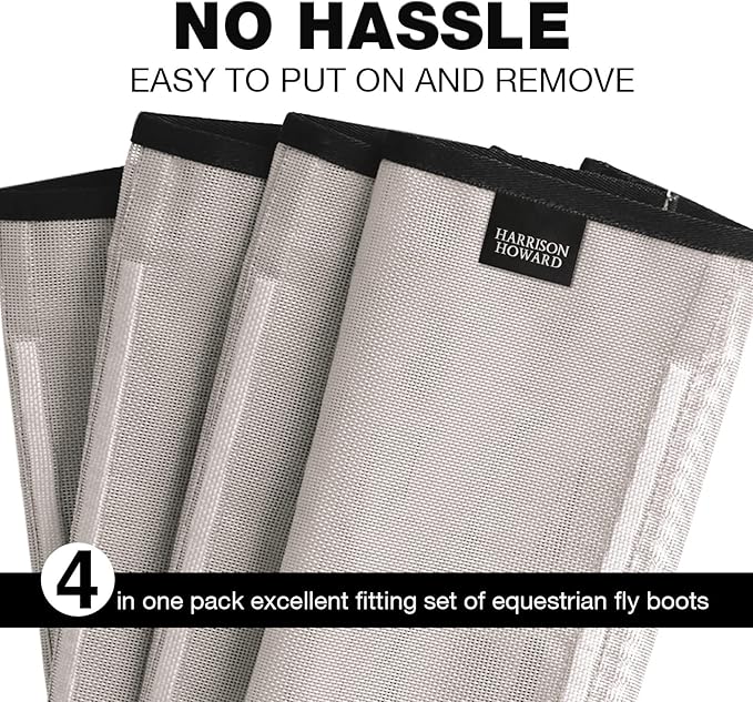 Harrison Howard Loose Fitting Fly Boots UV-Protective Extra Tough Mesh Ventilated Four Fasteners Stay-on Design Protect Horse Legs & Stomp-Reducing Set of 4 Silver Grey Small