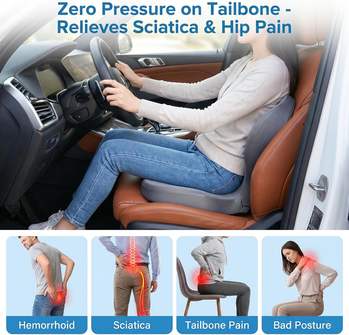 Driver Seat Cushion for Car, Ergonomic Memory Foam Car Seat Pad with Taller Lumbar Support, Back & Sciatica Pain Relief Car Cushion for Long Driving, Tailbone & Coccyx Support