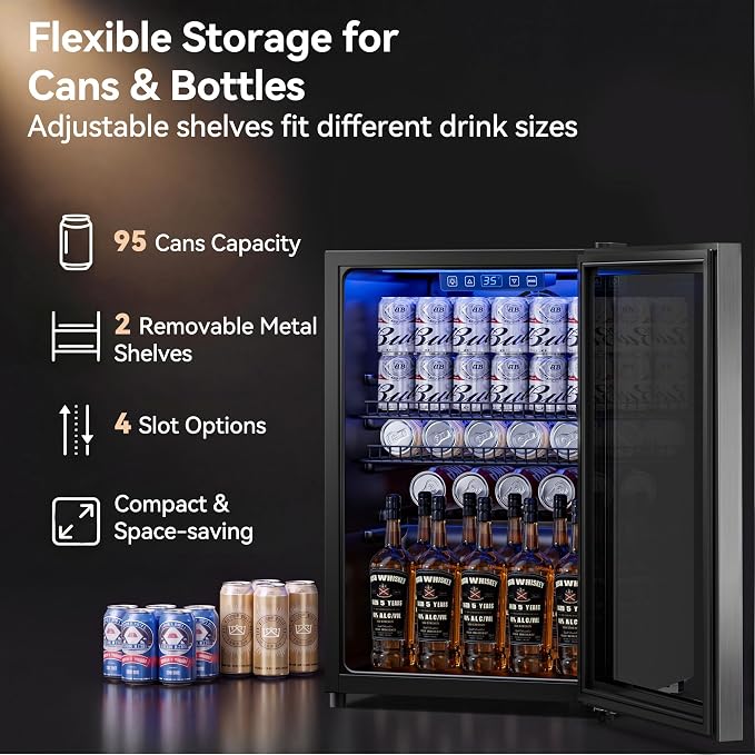 Tehanld 2.5 Cu.Ft Beverage Fridge, Glass Door Mini Fridge, Silver, 96 Can | Adjustable Shelves for Wine & Beer, Digital Temp, Holds Up to 96 Cans, Freestanding for Home & Office