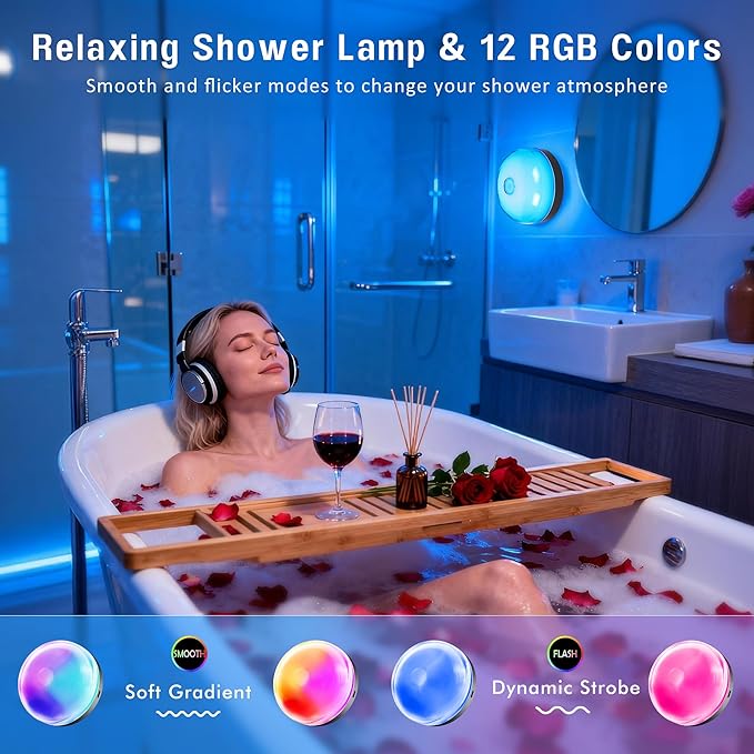 Loscarol Rechargeable Shower Lights with Remote, 15 RGBW Color Changeable Shower Lamp Waterproof, Dimmable ＆Timer Ceiling Light, Wireless LED Mood Lighting for Bathroom, Closet (Black, 4-Pack)