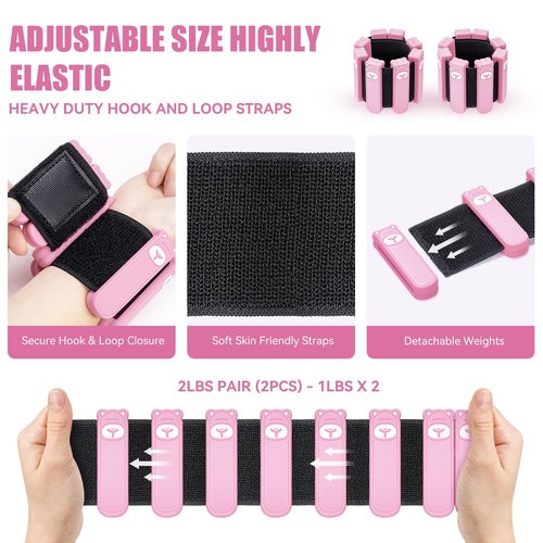 LMTrystFit Wrist Ankle Weights Set of 2, Adjustable Silicone Weighted Wristbands for Women Men, Wearable Arm & Leg Weights for Pilates, Walking, Workout Exercise, 1lb Each Pink