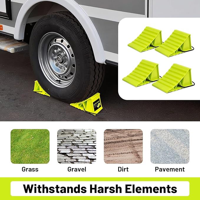ROBLOCK 4 Pairs Wheel Chocks for Travel Trailers, Non Slip Base Heavy Duty Green Camper Wheel Chockwith Rope, Lightweight Wheel Stoppers for Cars, Camper Trucks, RVs, Easy to Carry, Green
