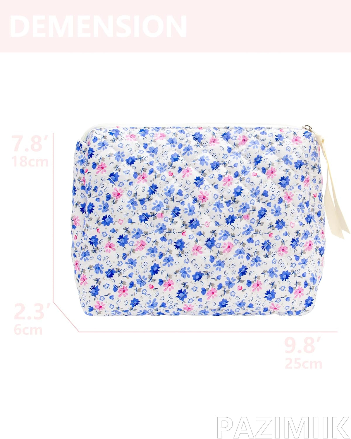Quilted Makeup Pouch for Women, Travel Cosmetic&Toiletry Bag,Floral Blue