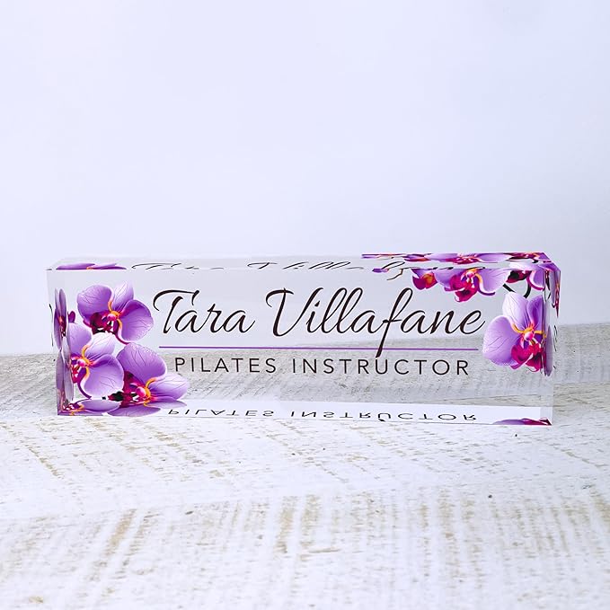 Artblox Personalized Office Desk Name Plate and Business Card Holder | Clear Acrylic Glass with Teak Wood Stand | Purple Orchids Design Customized with Your Name and Credentials Office Desk Decor