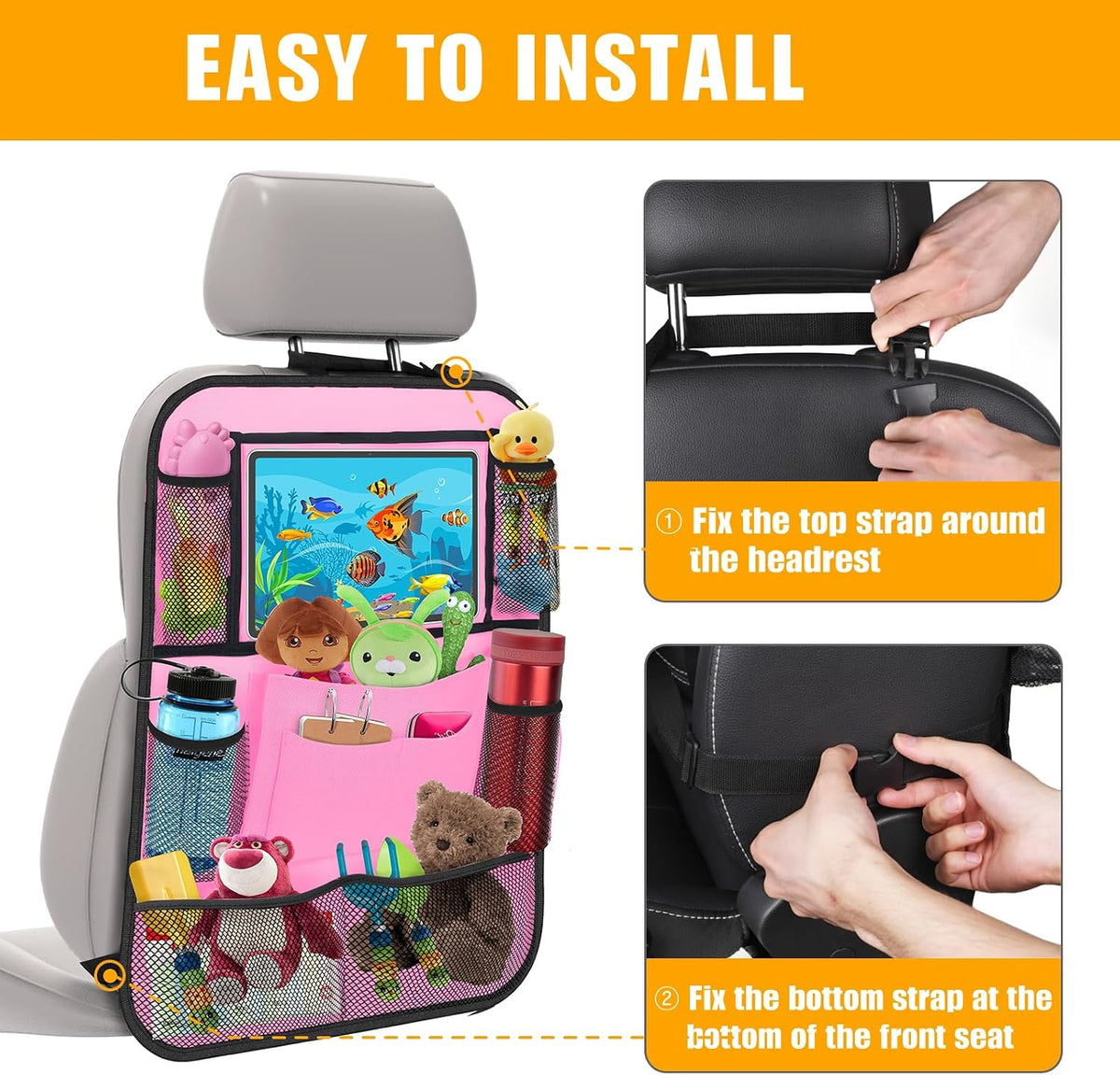 Backseat Car Organizer w/ 10 Storage Pockets, 11" Tablet Holder, 2 PCS Pink