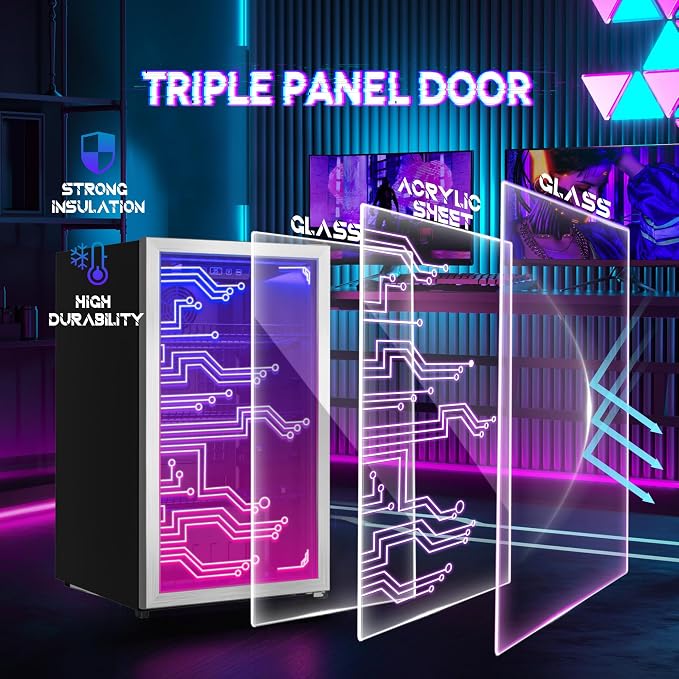 Cyberpunk Beverage Cooler, 130 Can Mini Fridge, LED Light Door, Gaming Room | Colorful LED Ambient Lighting, Freestanding for Bar & Party, Adjustable Shelves for Cans & Bottles