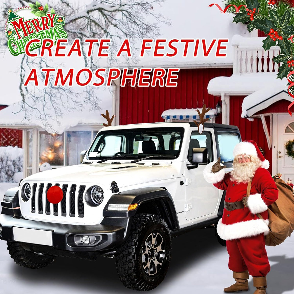 Christmas Car Reindeer Antlers with Ears and Nose - Festive Plush Antler Kit with Hanging Light - Universal Fit Rudolph Holiday Decoration for Car Window SUV Truck Xmas Gift