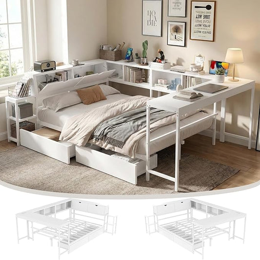 Queen Corner Bed Frame with Desk, LED Lights & Charging Ports, L-Shaped Daybed with Storage Drawers, Bookcase & Open Shelves, Modern Full Size Daybed for Kids, Teens & Compact Bedrooms,White