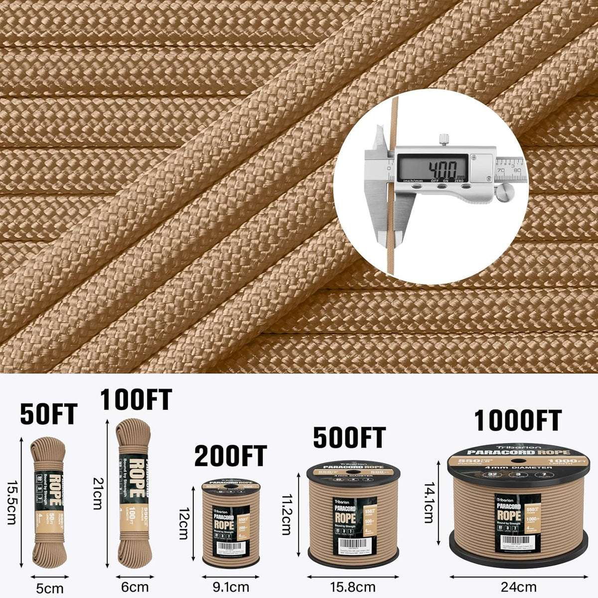 Paracord 550 lb - 200ft Heavy Duty 7-Strand Parachute Cord | Versatile Khaki Survival & Camping Gear
